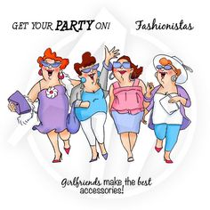 three women in dresses and hats are walking together with the words get your party on