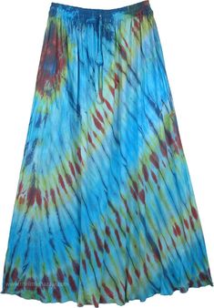 Cascading Long Maxi Summer Skirt Tie Dye Hippie Cotton Maxi Skirt For Vacation, Casual Cotton Maxi Skirt For Festivals, Hippie Blue Maxi Skirt For The Beach, Casual Tie Dye Flowy Skirt, Blue Casual Maxi Skirt With Elastic Waistband, Casual Relaxed Maxi Skirt For Festival, Casual Relaxed Fit Maxi Skirt For Festival, Summer Tie Dye Flowy Skirt, Casual Tie Dye Beach Skirt