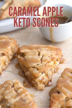 Keto Caramel Apple Scones drizzled with caramel sauce on a piece of parchment paper. Keto Scones, Keto Caramel, Apple Scones, Keto Treats, Keto Baking, Keto Sweets, Keto Cookies, Low Carb Breakfast, Trim Healthy