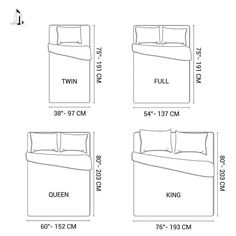 the standard size bedding is shown with measurements for each pillow and two - piece duvet