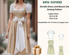 German dirndl  tradionatiol folk dress ; available as an instant download (pdf) sewing pattern bundle with a range of size options, including plus sizes ⭐US Sizes: 2, 4, 6, 8, 10, 12, 14, 16, 18, 20,22,24,26,28,30 ⭐Standard Sizes: XS, S, M, L, XL, 2XL,3XL,4XL ⭐These patterns are suitable for A4, A0, and US Letter size papers. ⭐Once your payment is processed, you will automatically receive download links for the pattern files. Please note that you can only download the files from a computer; they Dirndl Sewing Pattern Free, Dirndl Dress Pattern Free, Dirndl Dress Pattern, Dirndl Pattern, Apron Sewing, Folk Dress, Dress Patterns Free, Dirndl Dress, Sewing Aprons