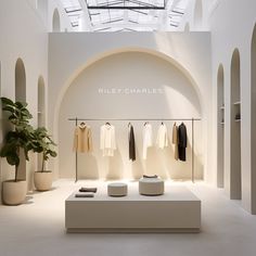 the inside of a clothing store with white walls and arches on either side, there is a plant in front of it