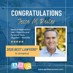 a blue and white flyer with the words congratulationss to reese m peiter, law - pharmist and personal injury