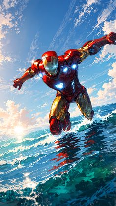 an iron man floating in the air over water