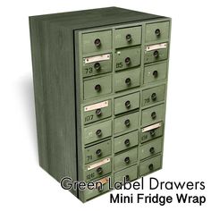 a green cabinet with lots of drawers and numbers on the bottom drawer is labeled green label drawers mini fridge wrap