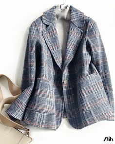 Zlily - Retro Hand-Sewn Wool Double-sided Coat with Checkered Pattern - Ideal for Formal Wear or Overcoats Plaid Suits Women, Colorful Suits, Plaid Office, Wool Winter Coat, Ladies Blazer, Cashmere Jacket, Plaid Suit, Single Button Blazer, Lattice Pattern