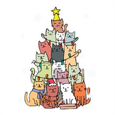 a bunch of cats that are standing in the shape of a christmas tree