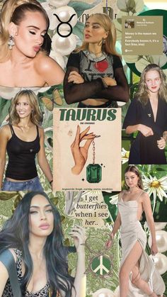 a collage of photos with women in different outfits and hair colors, including the words taubus