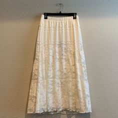 Show Me Your Mumu Kellen Skirt In Moonlight Roses Lace Cream Is New With Tags! Can Be Worn As A Skirt 100% Poly Lined 34” Long Elastic Waist Lace Detailing Elegant White Tiered Maxi Skirt, White Lace Flowy Maxi Skirt, White Lace Maxi Skirt For Spring, White Lace Tiered Maxi Skirt, White Lined Skirt For Spring, White Fitted Lace Maxi Skirt, Fitted White Lace Maxi Skirt, Elegant White Lace Maxi Skirt, White Flowy Skirt For Spring