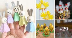 four different pictures with easter decorations and handmade eggs in them, including an egg carton