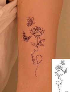 a woman's arm with roses and butterflies on it, next to a tattoo design