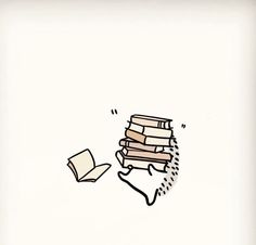 a drawing of a stack of books falling from the sky with an open book on top