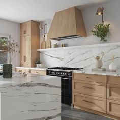 a kitchen with white marble counter tops and wooden cabinetry, along with an oven