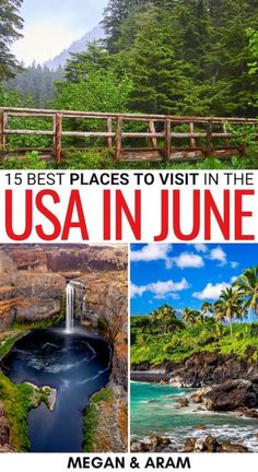 the best places to visit in the usa in june, including an island and waterfall