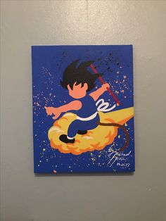 a painting of a boy on a donut flying through the air