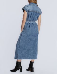 The Weekend Denim Midi Dress is always ready for fun, with it's adorable cropped sleeves, tie-waist, and frayed hem detail. Denim Midi Dress With Pockets And Short Sleeves, Spring Short Sleeve Belted Denim Dress, Denim Blue Short Sleeve Cotton Midi Dress, Denim Blue Cotton Midi Dress Short Sleeve, Medium Wash Denim Midi Dress With Short Sleeves, Denim Blue Short Sleeve Midi Dress, Short Sleeve Denim Blue Midi Dress, Casual Short Sleeve Denim Midi Dress, Casual Belted Short Sleeve Denim Dress