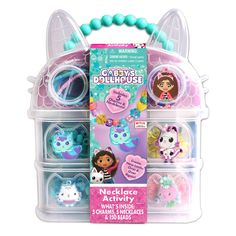 an assortment of littlest pet toys in a plastic container with beaded bracelets