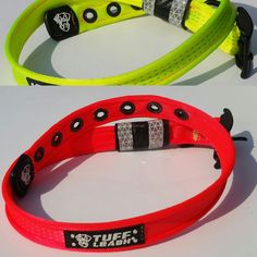 two neon colored leashs with black and white designs on them, one is yellow and the other is red