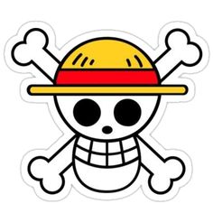 a skull with a hat and bones sticker on it's face, wearing a yellow