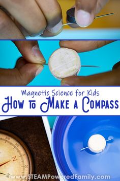 someone is making a compass with magnets on the top and in the bottom, there are two pictures that show how to make a compass