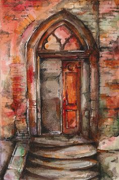 a painting of an open door on a brick wall with steps leading up to it