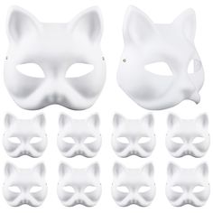 a white cat mask with six different masks on it's face and eight other cats in the background