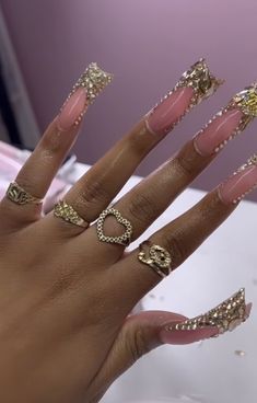 Bling Acrylic Nails Medium Length, Gold Blinged Out Nails, 40in Bussdown, Gold Bling French Tip Nails, Gold Birthday Nails Acrylic, Tapered Duck Nails, Gold Duck Nails, Long Bling Nails, Gold Bling Acrylic Nails