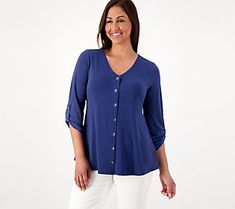 Just right for casual or more formal settings, this button-front top pairs perfectly with jeans, trousers, or capris. From Susan Graver. Relaxed Fit V-neck Top With Button Closure, V-neck Top With Buttons For Fall, Summer V-neck Tops With Button Cuffs, Solid Tops With Snap Buttons For Work, Elegant Stretch Tops With Button Closure, V-neck Stretch Top With Button Closure, Stretch Tops With Buttons For Business Casual, Stretch V-neck Tops With Button Closure, Stretch Business Casual Tops With Buttons