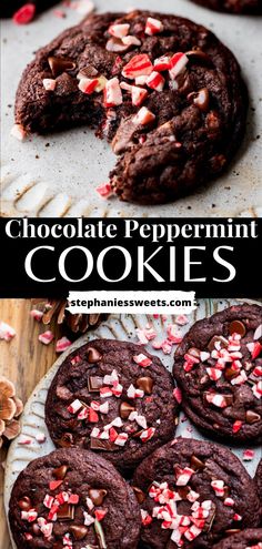 chocolate peppermint cookies on a plate with the cookie in the middle and one half eaten