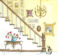 a cat sitting on the floor in front of a stair case next to a vase with flowers