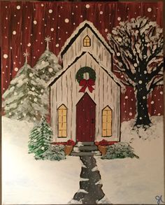 a painting of a church in the snow with christmas wreaths on it's door