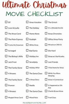 the ultimate christmas movie checklist is shown in red, green and white with text overlay