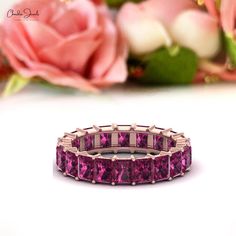 Natural Rhodolite Garnet Eternity Band Anniversary Tourmaline Jewelry In Baguette Cut, Baguette Cut Tourmaline Jewelry For Anniversary, Anniversary Baguette Cut Tourmaline Jewelry, Rhodolite Garnet Jewelry, Jewellery Minimal, Birthstone Band, Pink Sapphire Earrings, Gold Anniversary Rings, Eternity Rings