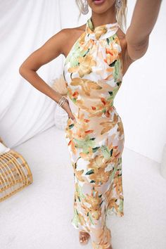 Happier Now Satin Floral Halter Maxi Dress Spring Floral Fitted Halter Neck Dress, Fitted Halter Neck Floral Dress For Garden Party, Halter Maxi Dress, Halter Maxi, Halter Maxi Dresses, Wedding Guest, Maxi Dress, Satin, Floral