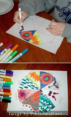 two pictures with markers and crayons in front of them, one showing the color wheel