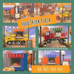 food truck plaza is shown in four different pictures