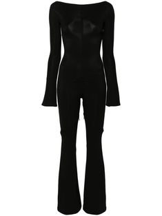 black stretch-jersey crepe texture ruched detailing decorative zip detailing boat neck concealed front zip fastening long raglan sleeves flared leg slim cut Mugler Bodysuit, Crepe Jumpsuit, Fashion 2024, Anna Sui, Black Jumpsuit, Black Stretch, Boat Neck, Zip Up, Red Carpet