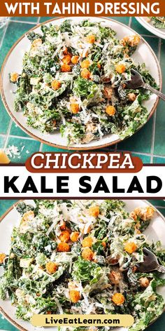 Image of the salad plated up in a white bowl on a blue kitchen counter. Text reads 'Chickpea kale salad with tahini dressing' Kale Salad Recipes, Chickpea Salad Recipes, Vegetarian Salads, Tahini Dressing, Chickpea Salad