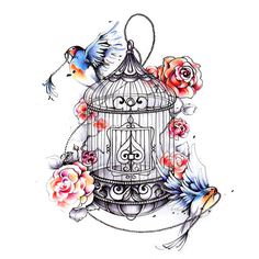 a bird in a cage with flowers and birds around it, on a white background