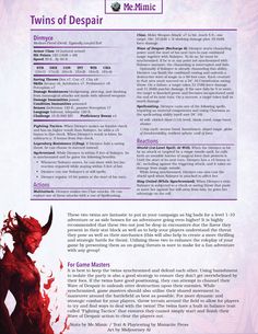 DnD 5e Full Bestiary Entry for Devil Twins of Despair by Me.Mimic Dnd Homebrew Monsters, 5e Spells, Homebrew Monsters, 5e Monsters, Dungeons And Dragons Races, Gamer Funny