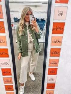 Teacher Outfit Ideas: What I Actually Wore During the 2023-2024 School Year Cute Teaching Outfits, Social Worker Outfits, Mom Style Winter, School Teacher Outfits, Green Denim Jacket, School Social Worker, Teaching Outfits