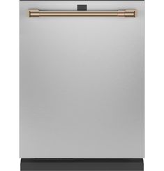 an image of a stainless steel dishwasher with gold trimmings on the handle