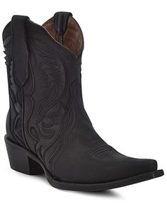 Corral Women's Inlay Western Booties - Snip Toe Pointed Toe Boots With Rubber Sole, Western Boots With Closed Toe And Rubber Sole, Western Style Closed Toe Boots With Rubber Sole, Medium Fit Leather Sole Closed Toe Boots, Western Slip-on Boots With Reinforced Heel, Black Boots With Removable Insole And Snip Toe, Western Slip-on Boots With Removable Insole, Western Boots With Snip Toe And Removable Insole, Closed Toe Boots With Rubber Heel Cap