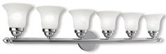 five light bathroom fixture with frosted glass shades on the sides and chrome metal arms