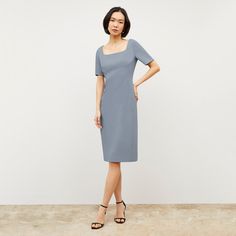 This classic sheath dress features elbow-length sleeves, an elegant square neckline, and a tailored fit. Thanks to stretchy, machine-washable fabric, it’ll become your go-to for days when you need to look polished in seconds flat. Recycled WonderTex is a fabric made from recycled plastic bottles. We spent over two years developing this fabric to make sure it had the same luxurious feel and high-function features (think: machine-washability, wrinkle-resistance, tons of stretch) as our original Wo Elegant Stretch Bodycon Dress With Square Neck, Elegant Square Neck Midi Dress In Elastane, Elegant Square-neck Midi Dress In Elastane, Elegant Bodycon Dress With Square Neck, Elegant Dress With Square Neck, Classic Bodycon Short Sleeve Midi Dress, Classic Bodycon Midi Dress With Short Sleeves, Fitted Square Neck Bodycon Dress, Square Neck Midi Dress In Elastane