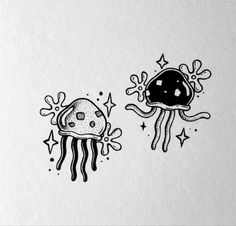 an ink drawing of two jellyfishs with bubbles and stars in the background on white paper