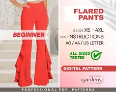 a woman in red pants with the text, learn how to wear flared pants