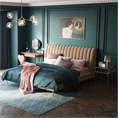 a bedroom with green walls and a bed in the middle, surrounded by wooden flooring