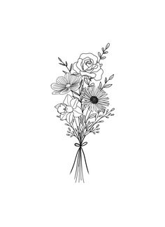 black and white drawing of flowers on a white background