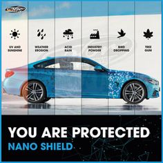 a blue car with the words you are protected on it's side and four different images